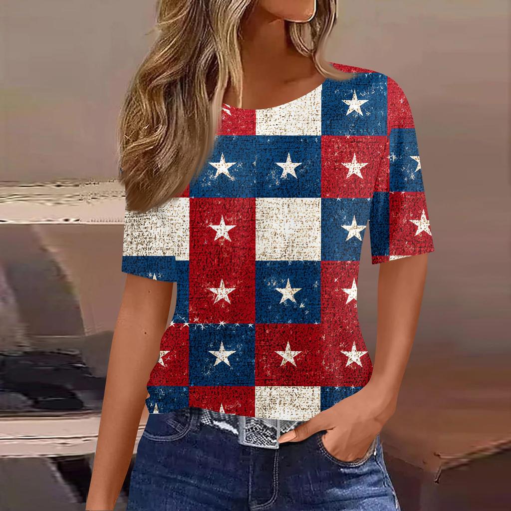 Damski modny, swobodny, krótki rękaw, nadruk, okrągły dekolt, bluzka typu pullover