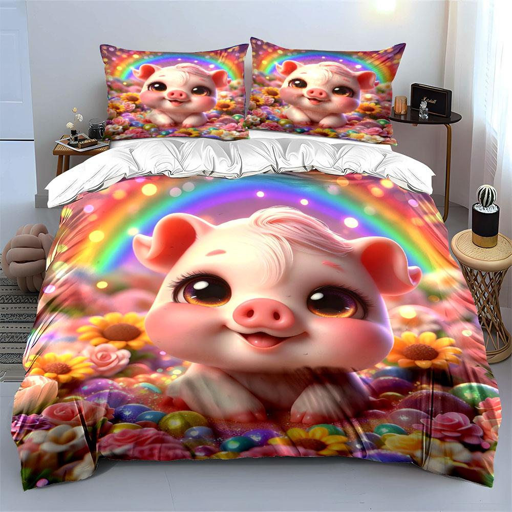 Cute Piglet In A Rainbow Flower Field Duvet Cover Set With 3D Printing Design Soft Polyester Bedding Set All-Season Comfort