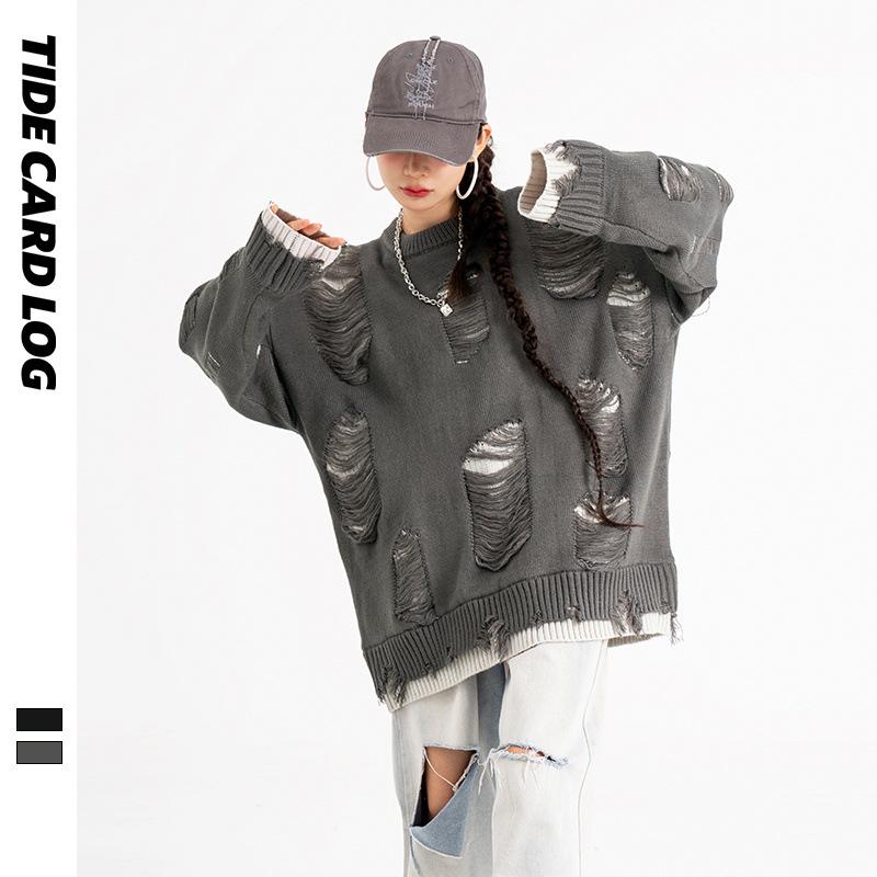 TIDE CARD LOG Nadměrný roztrhaný streetwearový svetr ve stylu dvoudílného kompletu pro muže a ženy