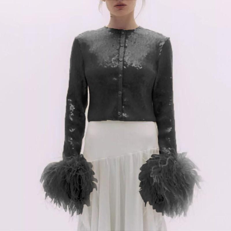 New Long-Sleeved Suit Slim-Fitting European And American Rhinestones Super Flash Nightclub Style Fashionable Sexy Feather Top