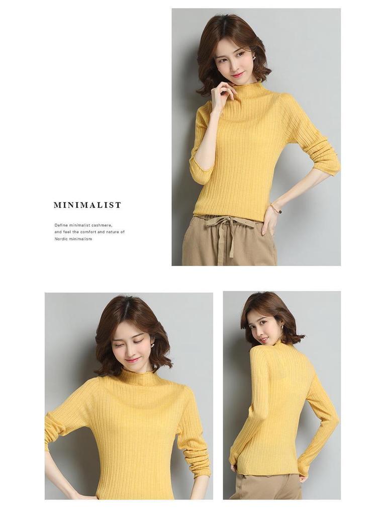Damski cienki wełniany sweter - Wiosna/Jesień 2022, dzianinowy top z długim rękawem i półwysokim kołnierzem