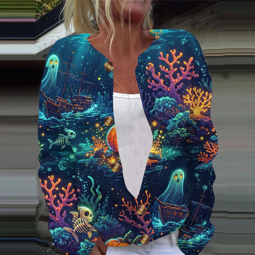 Women's Halloween Print Long Sleeve Knit Cardigan Button Up Sweater Coat Lightweight Comfortable Fit Seasonal Outerwear