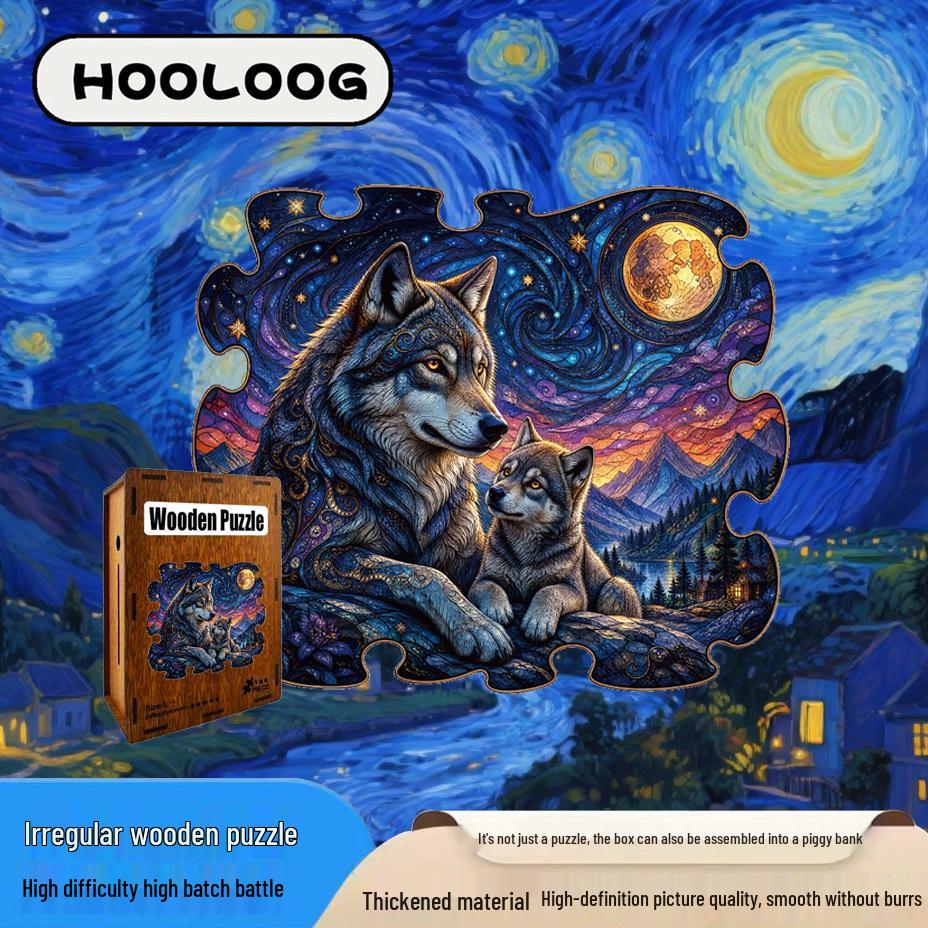 Wooden Double Wolf Interlocking Puzzle and Money Box