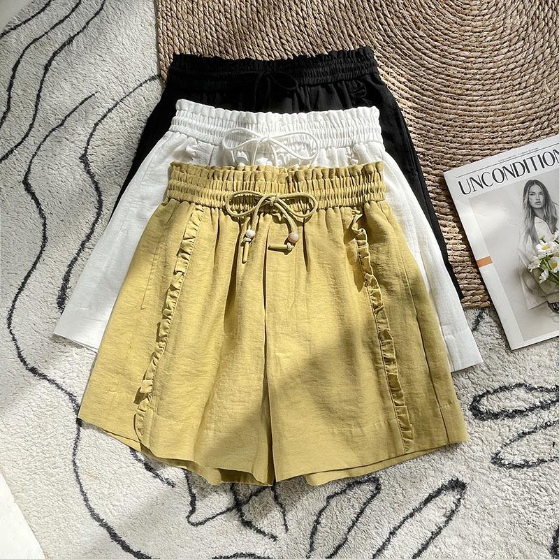 Women's Yellow Ruffled Wide-Leg Summer Shorts with Elastic Drawstring Waist