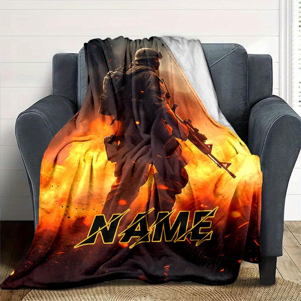 Soldier With Backpack And Gun In Flames Blanket With Customizable Name Four Seasons Comfortable Shawl Blanket Suitable For Home Travel Camping Office