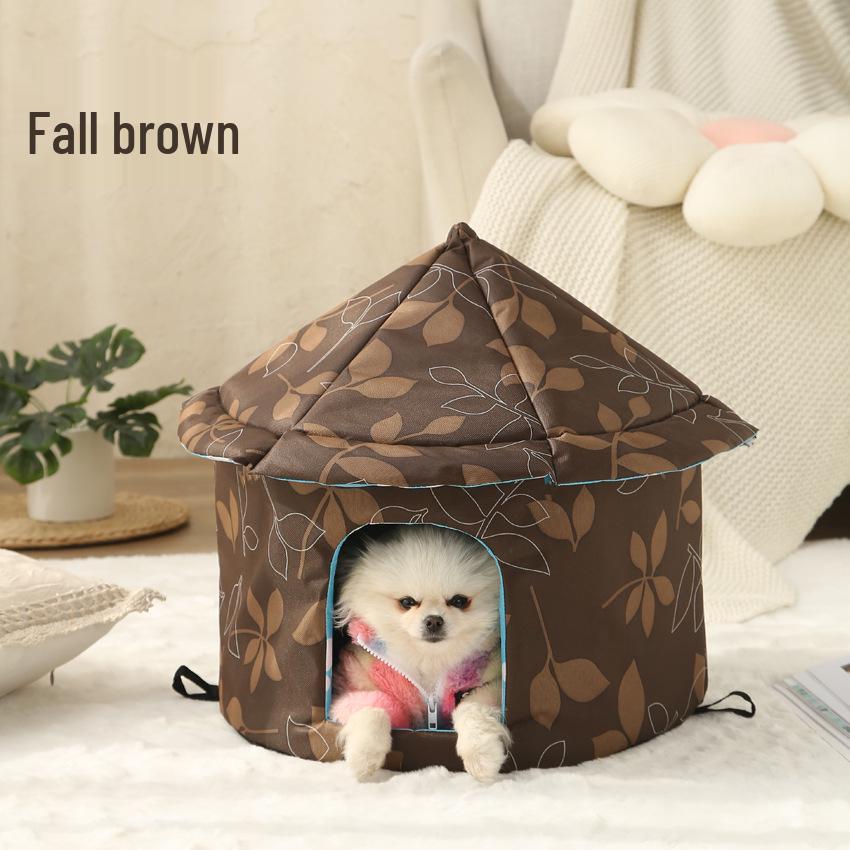 

Convertible Pet House: Outdoor Cat & Dog Tent Nest, Foldable Villa Crate Cage Round Brown