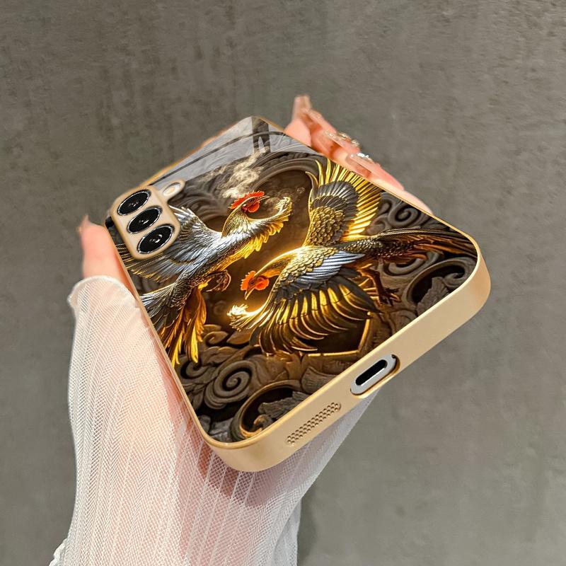 Double Chicken Pattern 2D Phone Case for Samsung S26 S25 S24 S23 S22 S21 S20 A56 A36 A16 Golden Glass Protective Cover