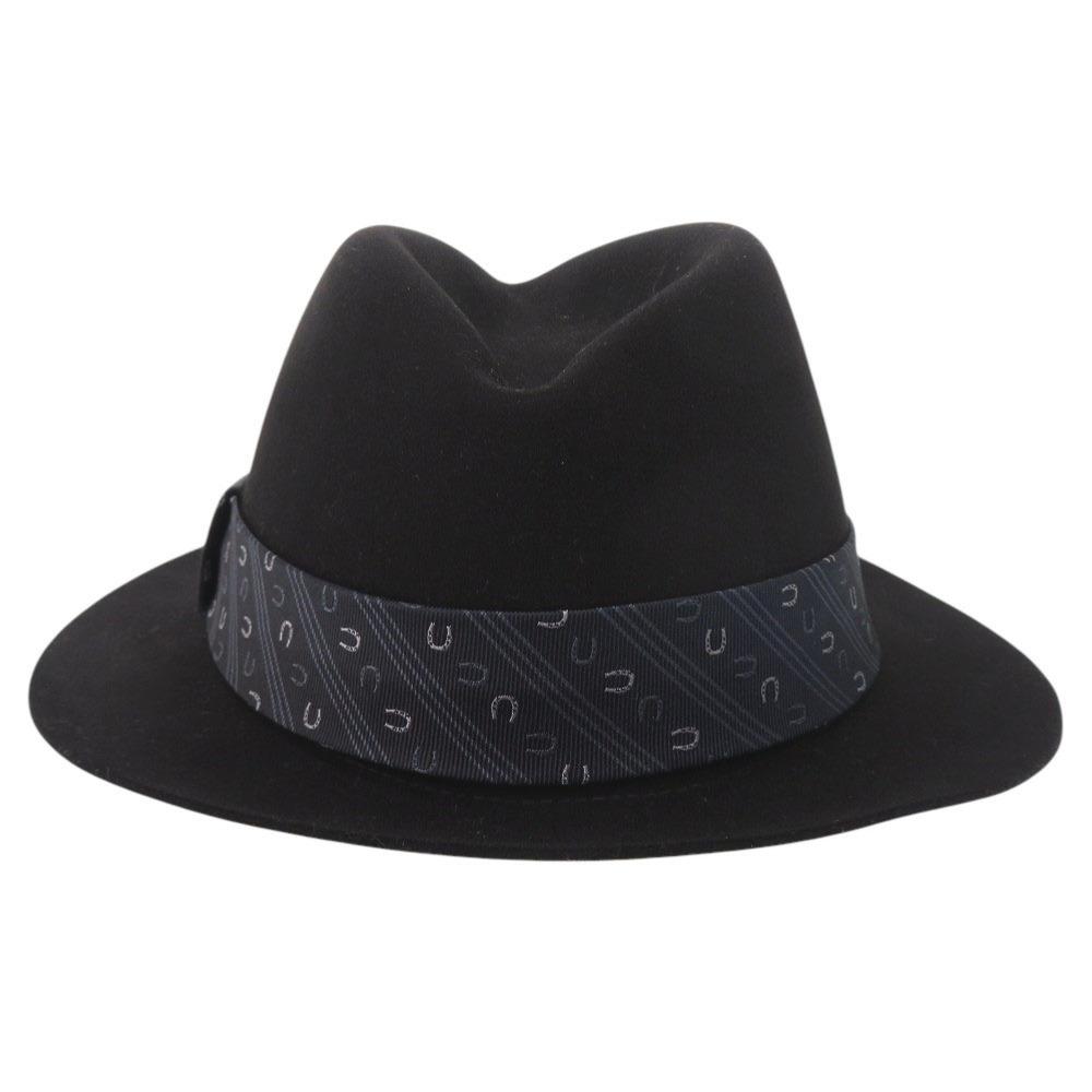 Used AUTHENTIC HERMES Felt Fedora Hat Size 59 Black Blue Silk Leather