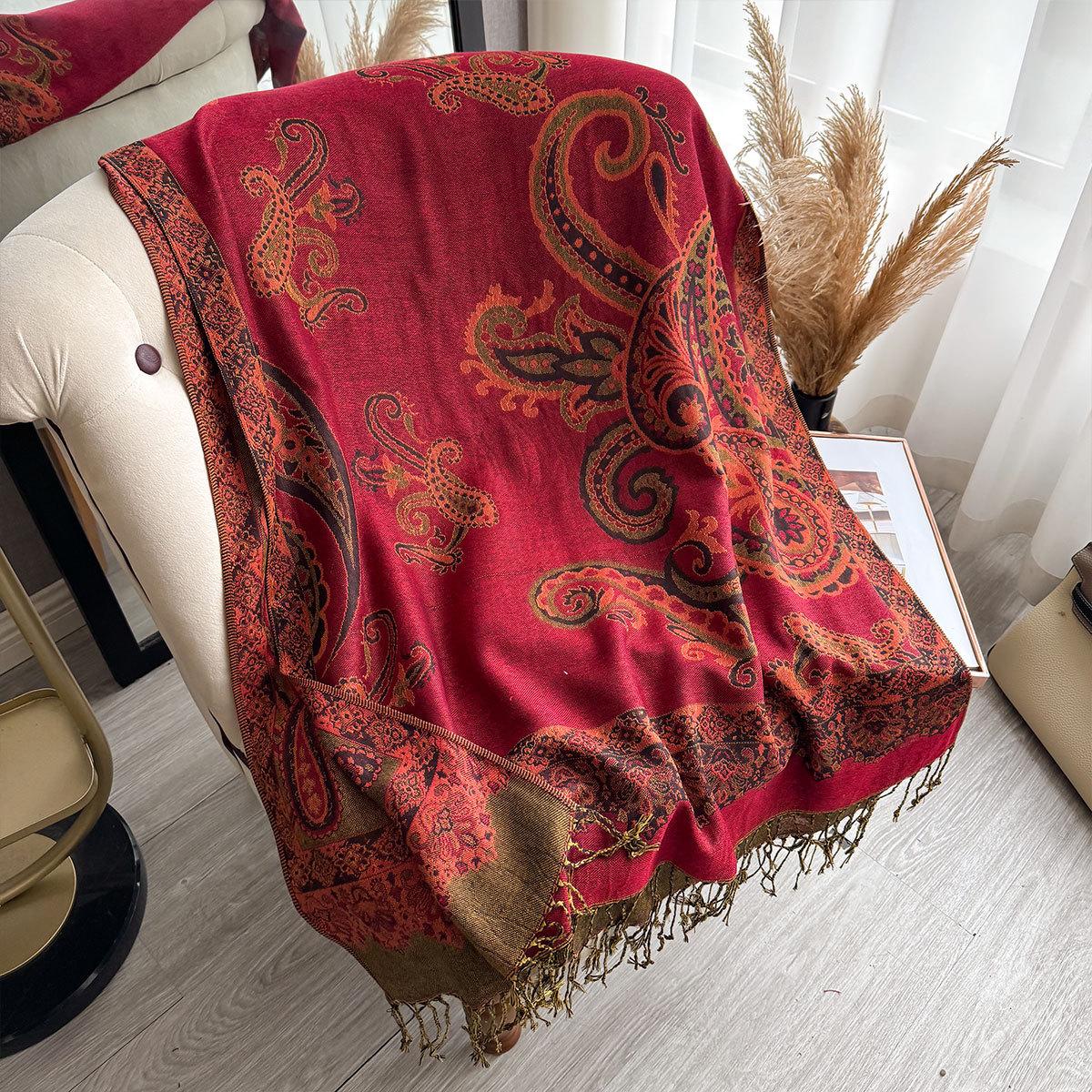 

Шарф под кашемир, этнический стиль, шарф с бахромой с узором «цветок кешью», модная теплая верхняя шаль 195*70 красный