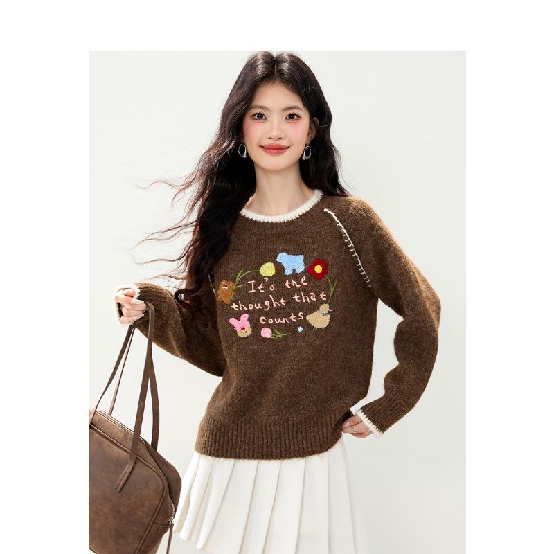 Vintage Embroidered Sweater Women Korean Style Loose Fit Casual Top Floral Design