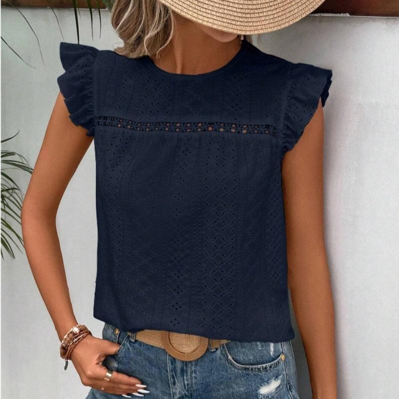 Summer New Round Neck Hollow Loose Lace Shirts Women Elegant Solid Ruffled Short Sleeve Casual Blouse Women Tops Slim Fit Vintage Fashion Shirt 26600