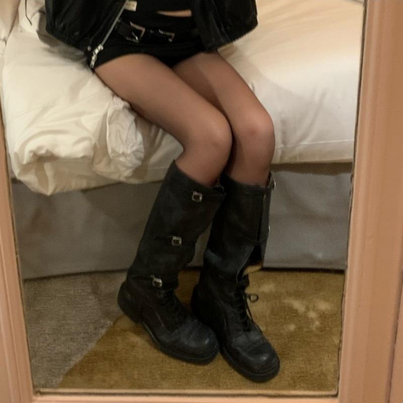 Versatile Skinny Long Boots Lace-up Platform Martin Boots Boots Women's Thick Heel Boots Motorcycle Knight Boots Tall Boots