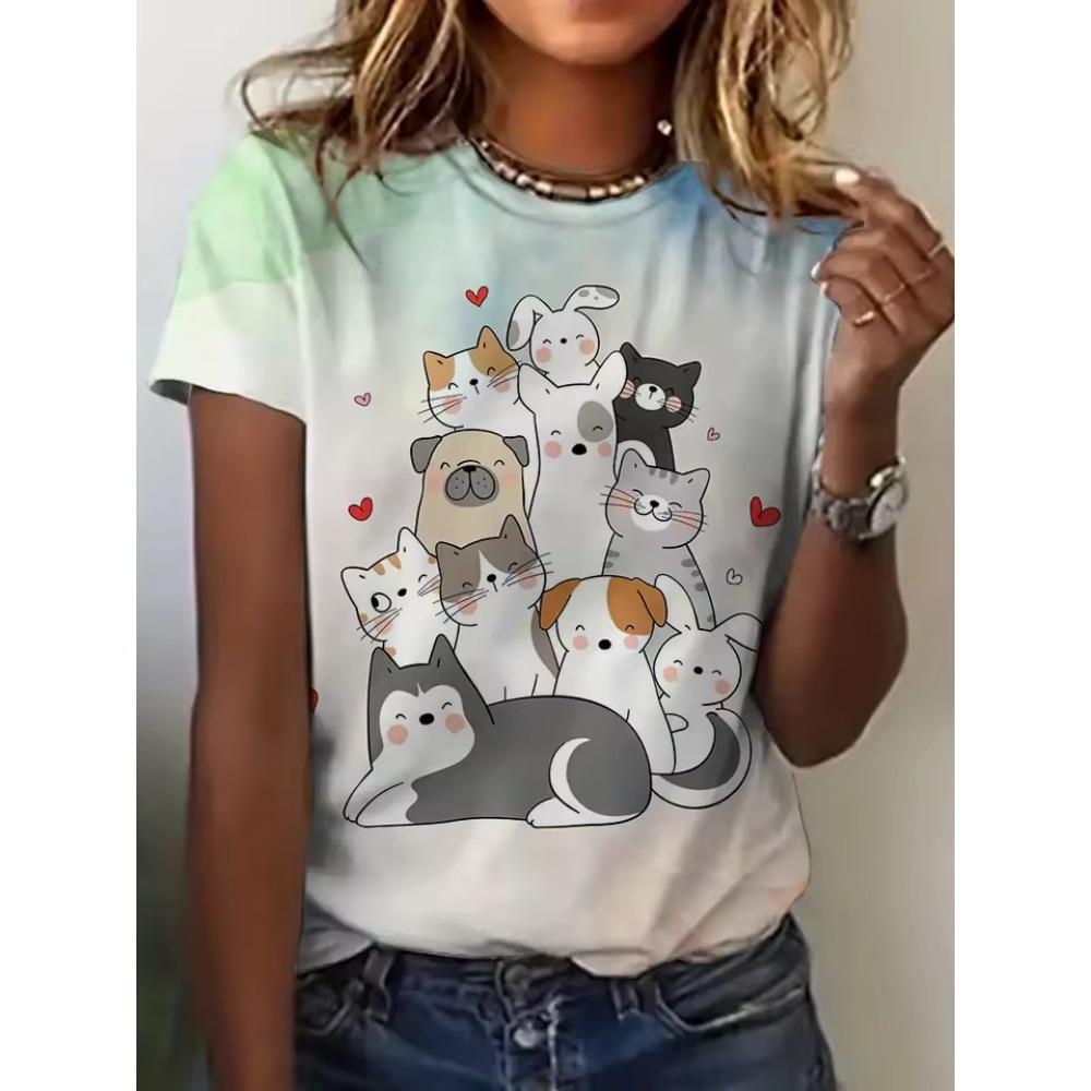 Creative Cartoon Animal Cat 3D Printed Short Sleeved T-shirt Fashionable Comfortable Soft Breathable Large Loose Womens T-shirt