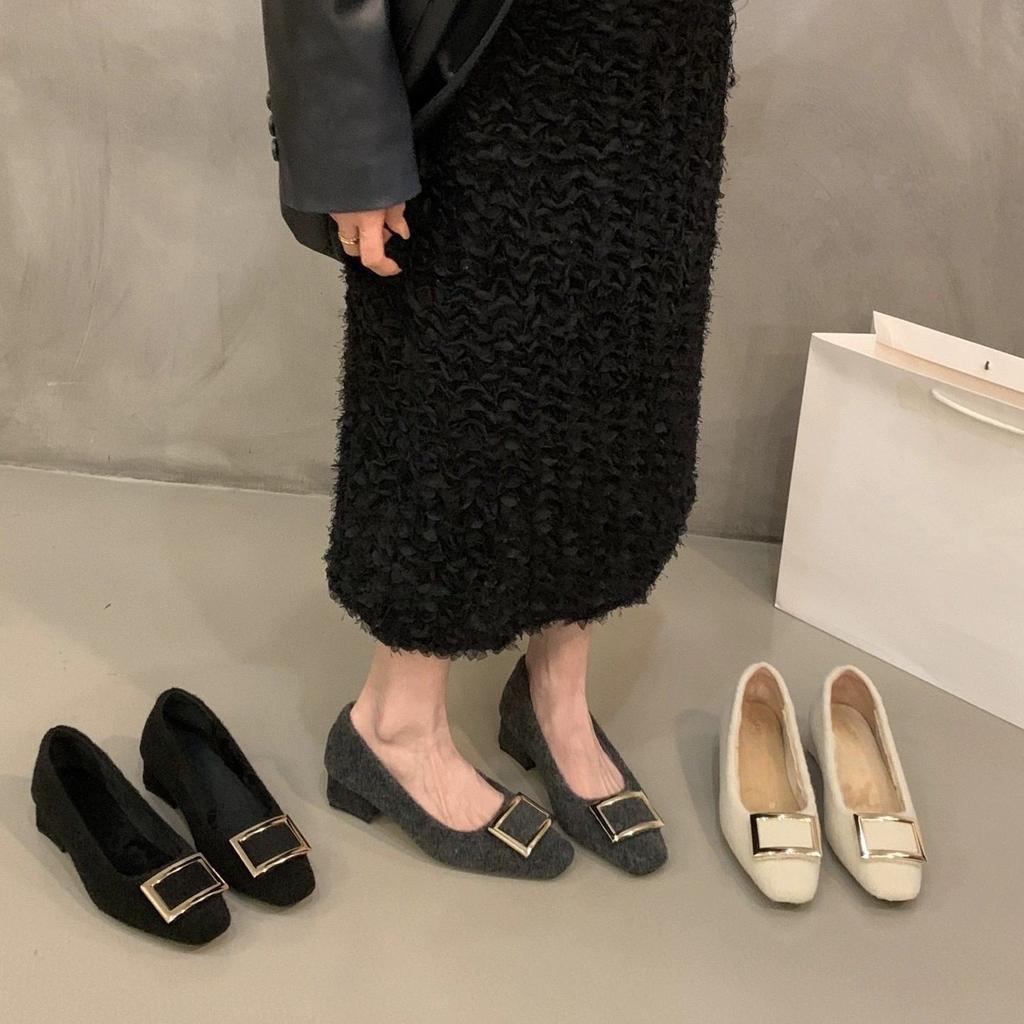 Coarse heel French black suede single shoes autumn and winter plush shoes square head commuter shoes