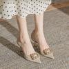 Square Buckle Rhinestone High Heels Women's Thin Heels 2025 New Hollow French Temperament Not Tired Feet Pointed Single Shoes Women's Shoes