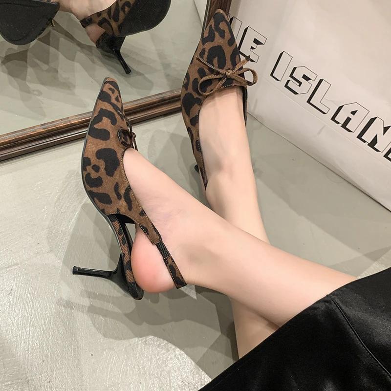 New Leopard Print Summer Pointed Toe High Heel Pumps Women's Sandals Fashion Slip-On Mules for Ladies Party Dress Shoes