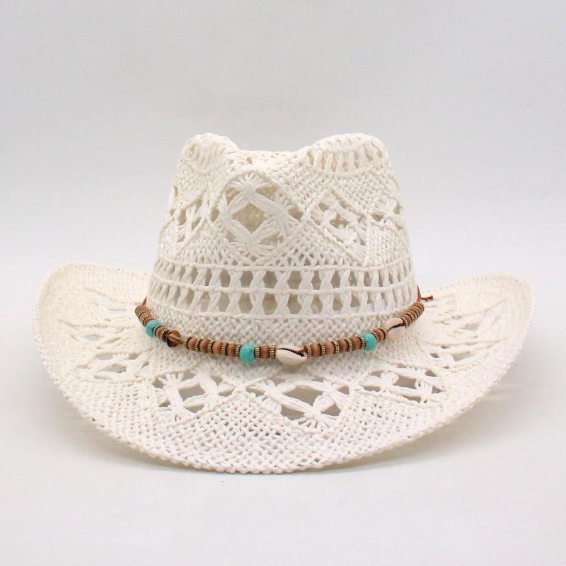 Cooler Amerikanischer Küsten-Warped-Edge-Außenhandel-Jazz-Zylinderhut Frühling und Sommer Neu Hohl Cowboyhut Handgewebter Atmungsaktiver Strohhut