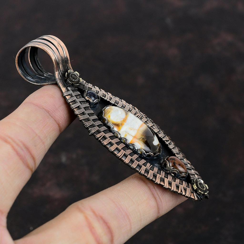 Peanut Wood Jasper Pendant Copper Wire Wrapped Gemstone Pendant Mahogany Obsidian And Blue Sunstone Pendant Handmade Copper Jewelry For Gift