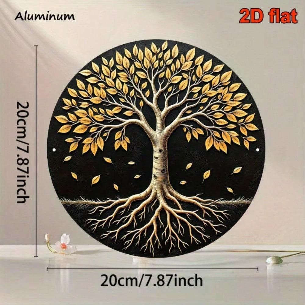 Albero della Vita Foglia d'Oro Rotondo Metallo Arte da Parete 8 Pollici Piastra in Alluminio Nero Per Decorazione Casa Ufficio