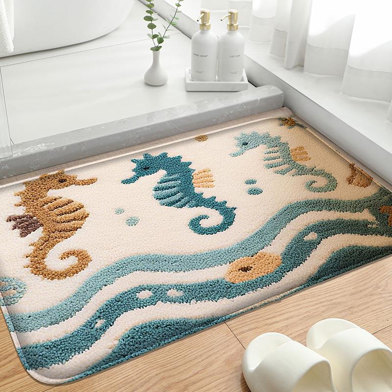 Wave Seahorse Pattern Bathroom Door Mat, Water Absorbent Small Carpet, Toilet Seat Mat, Decorative Floor Mat, Machine Washable