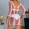 Femei Sexy Sling Fishnet Hollow Lenjerie fără mâneci Dungi Tigh Plasă Mini rochie See Through Sutiene Pijamale pentru Cosplay Erotic Costum