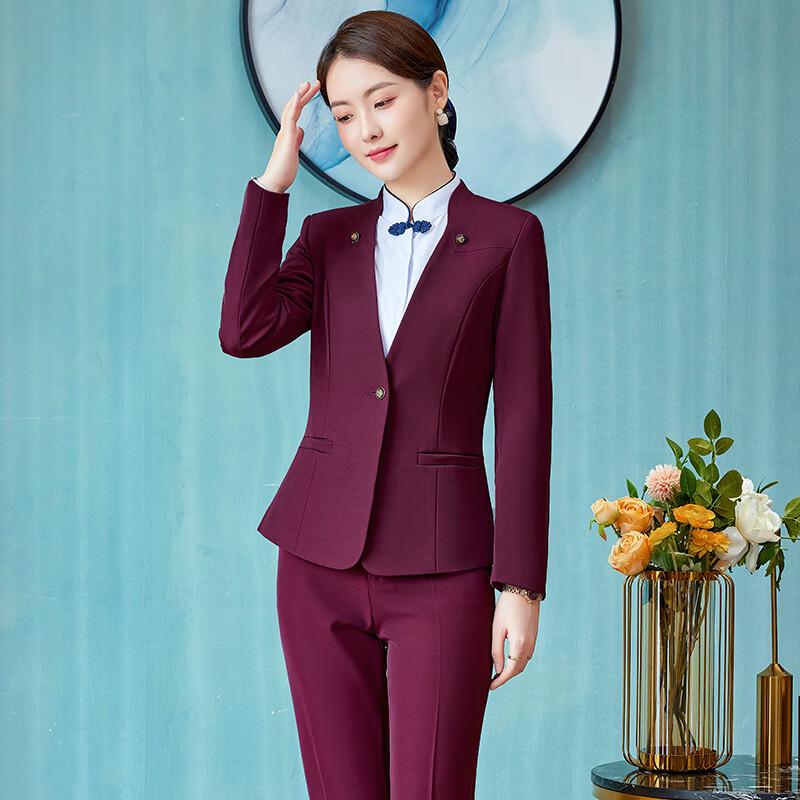 Teroman Women's New Chinese Style Wine Red 6-Piece Professional Suit