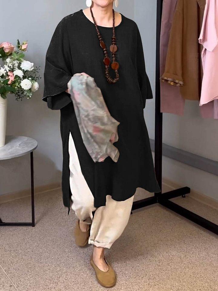2026 summer new European and American women's solid color round neck seven-quarter sleeve casual linen split-ended long top