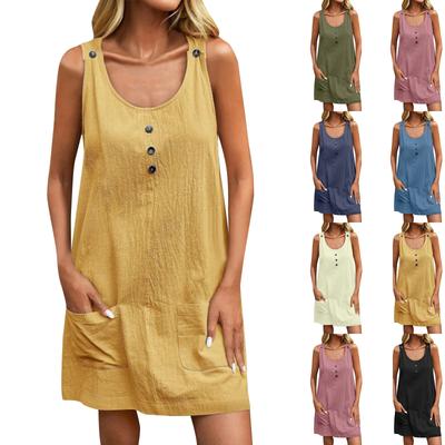 Solid Color Cotton And Linen Casual Pocket Button Adjustable Shoulder Strap Sleeveless Dress