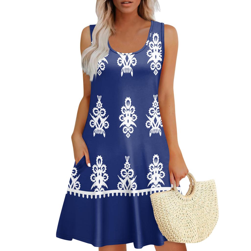 Women's Summer Casual U-shaped Tie Pocket Popular Floral Print Dress