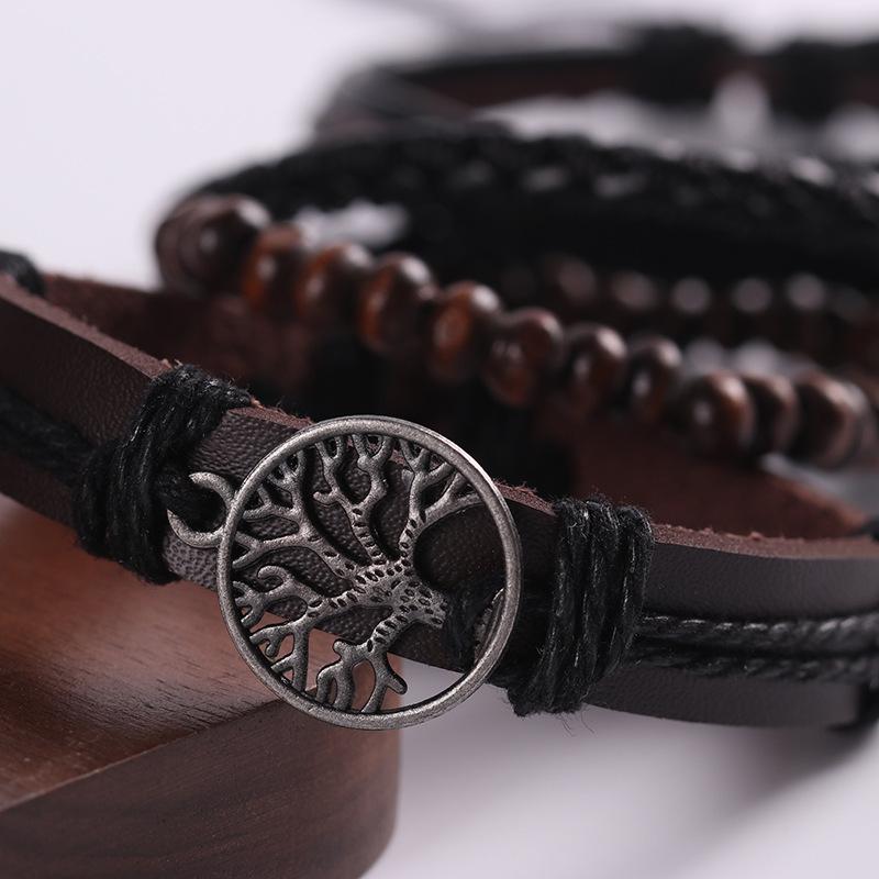 4-Piece Men's Tree of Life Multi-Layer Woven Leather Bracelet Set
