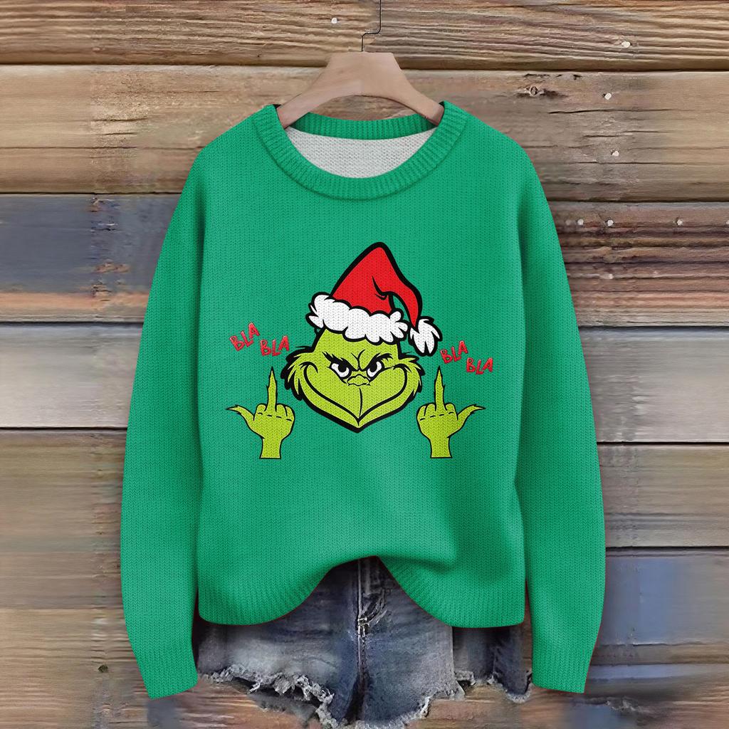 Women's Christmas Print Cardigan Long Sleeve Round Neck Knit Top