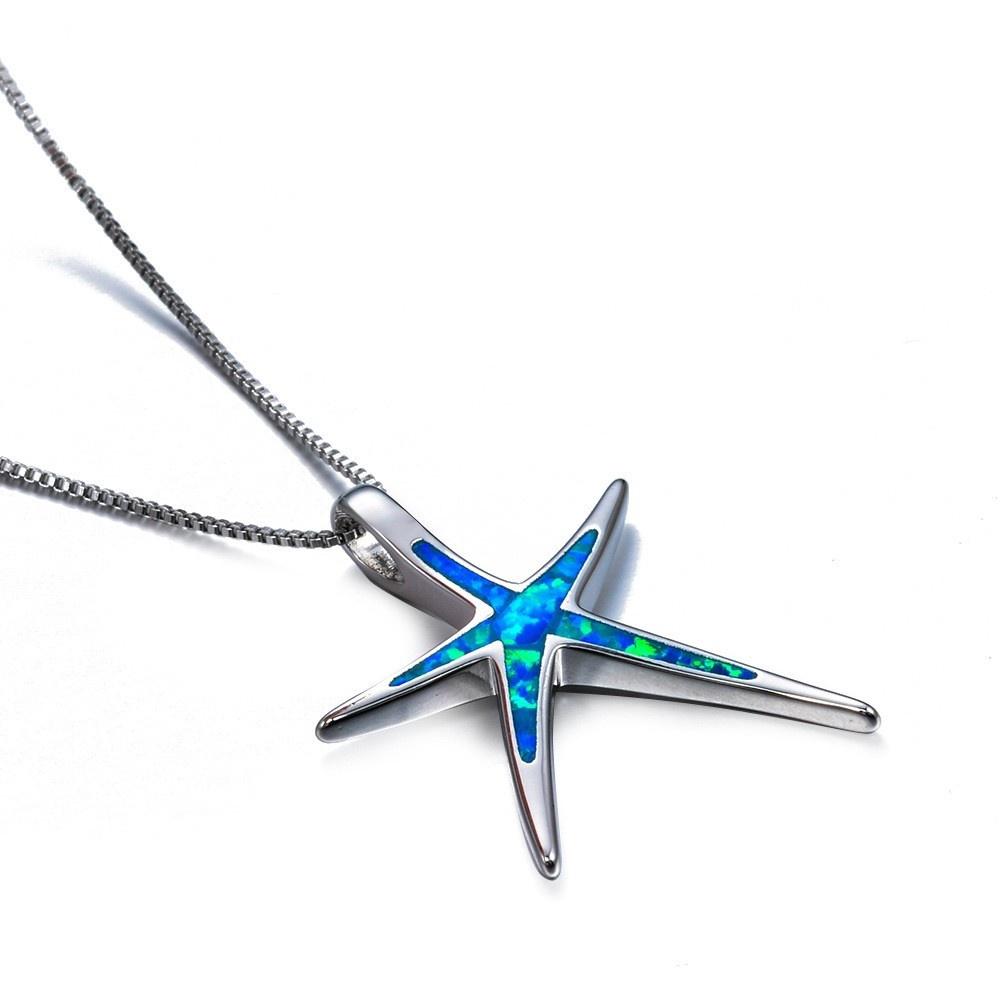 Fashion Women Ocean Starfish Pendant Necklace Featuring Vibrant Blue Green And White Fire Opal Stones