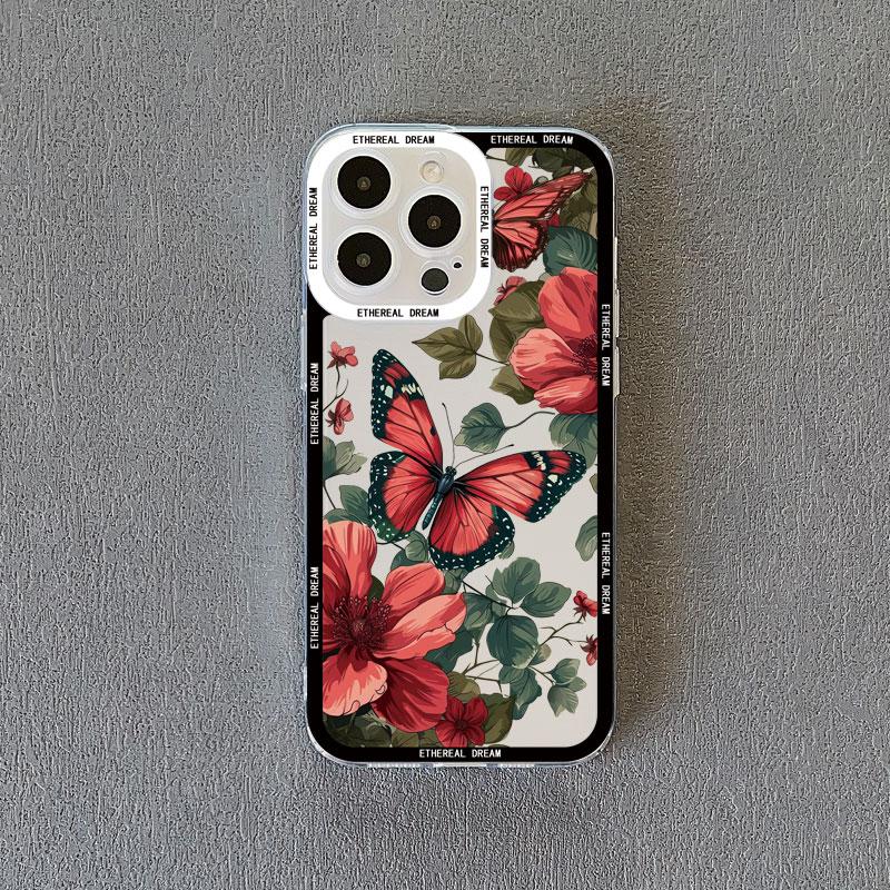 Vintage Flower Clear Phone Case For iPhone 12 11 13 Pro Max 15 14 Pro Max 7 8 14 15 Plus SE2 X XR XS Butterfly Plant Back Covers
