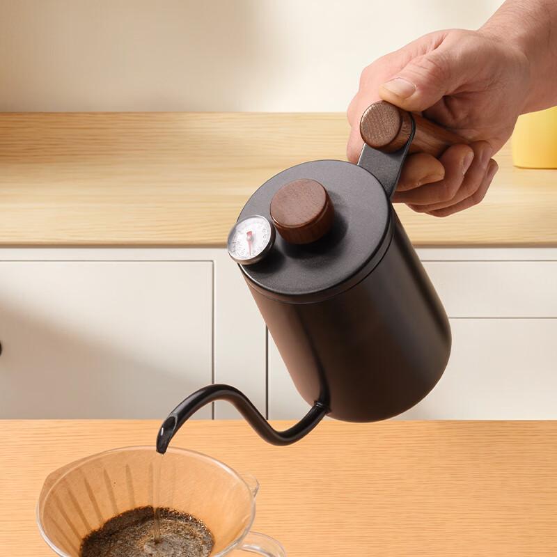 CLITON 304 Stainless Steel Pour-Over Coffee Maker with Wooden Handle, Travel Office Home Use Long Spout Thin Mouth Coffee Pot with Lid