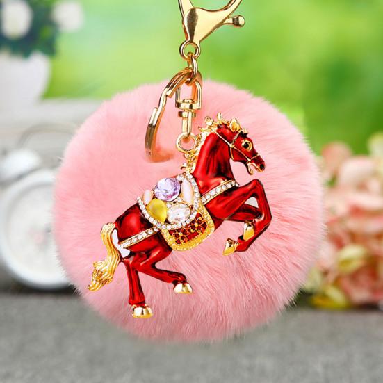 Keychain Sparkling Rhinestones Horse Charm Car Key Chain with Plush Ball Decor Holidays Graduation Decorative Accessory