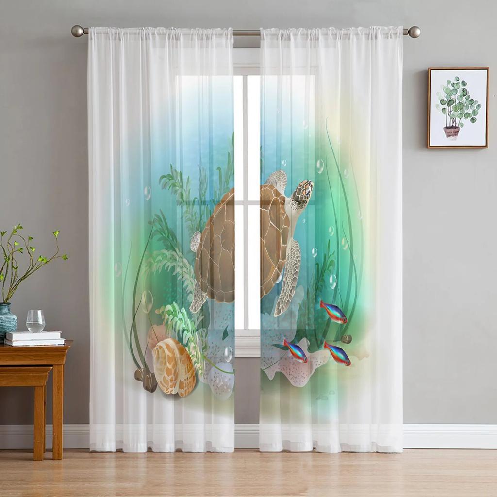 Blaue Ozean-grüne Schildkröten-Tüllvorhänge für Schlafzimmer, moderne Voile-Vorhänge, Heimdekoration, Fenstervorhänge