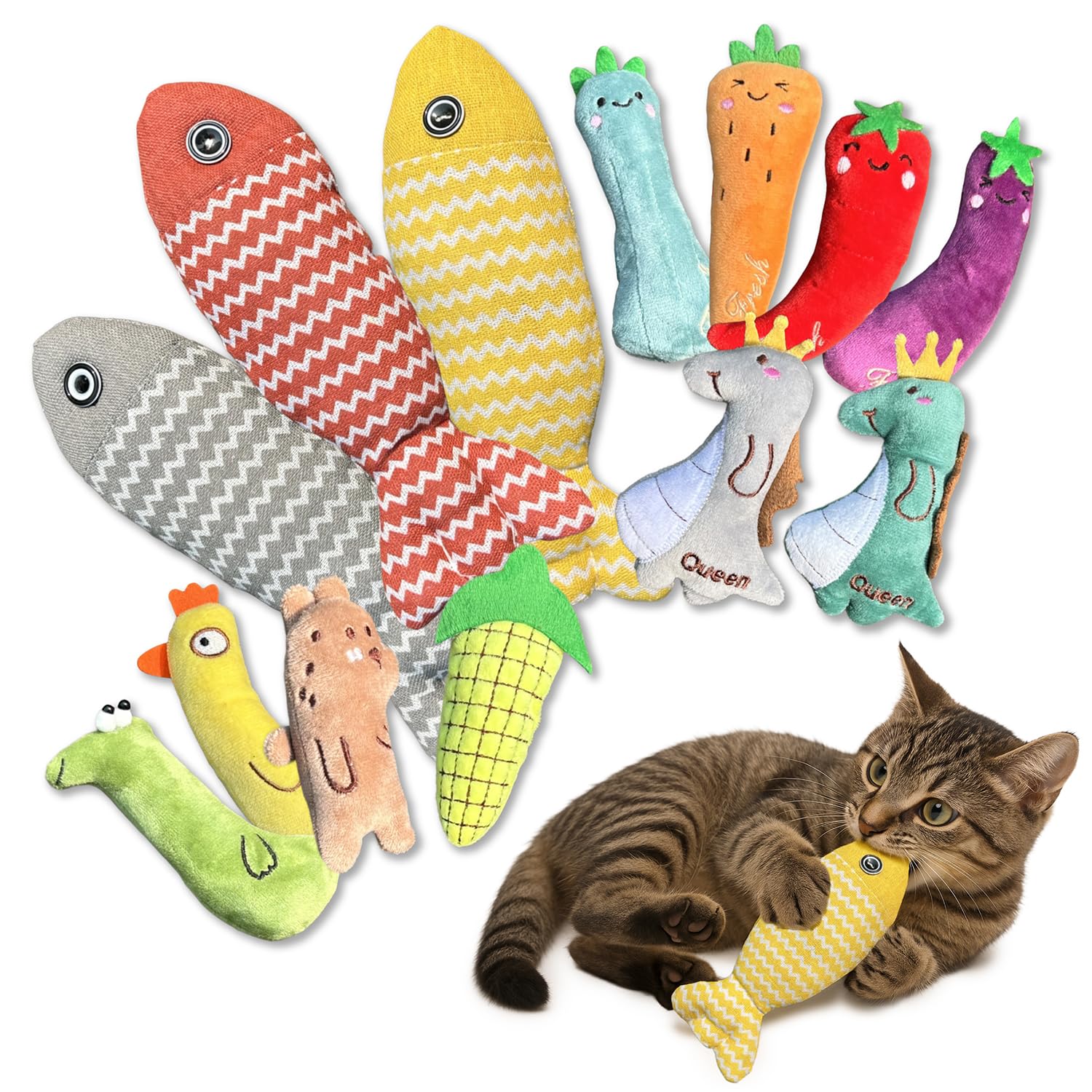 

HafaAdai Cat Toys, Plush Toys, Solitaire Fish and Catnip Toys, 13-Piece Set, Chew Toys