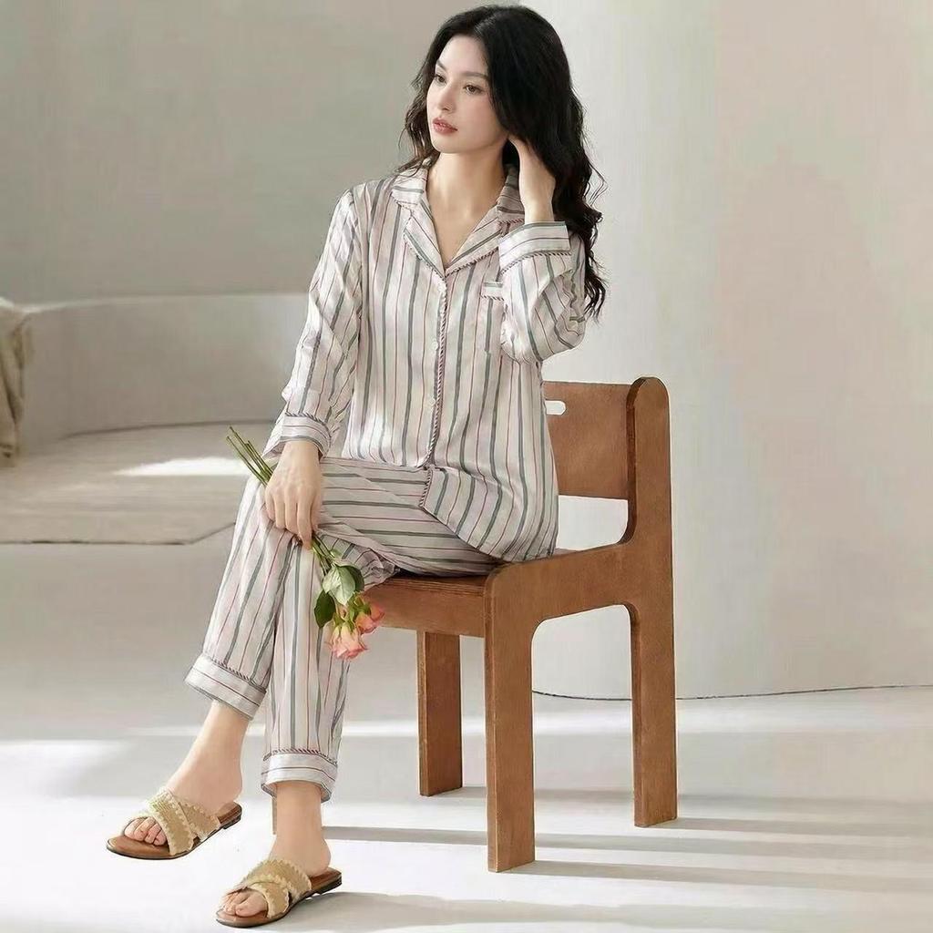 Women's Korean Style Striped Ice Silk Pajama Set - Long Sleeve & Pants, Soft & Versatile for Home or Casual Wear