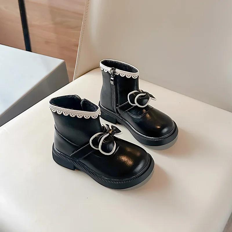Winter Girls Princess Boots Fashion Bowknot Ankle Versatile Children's Boot Warm Non-slip Kids Causal Cotton Boots Side Zipper