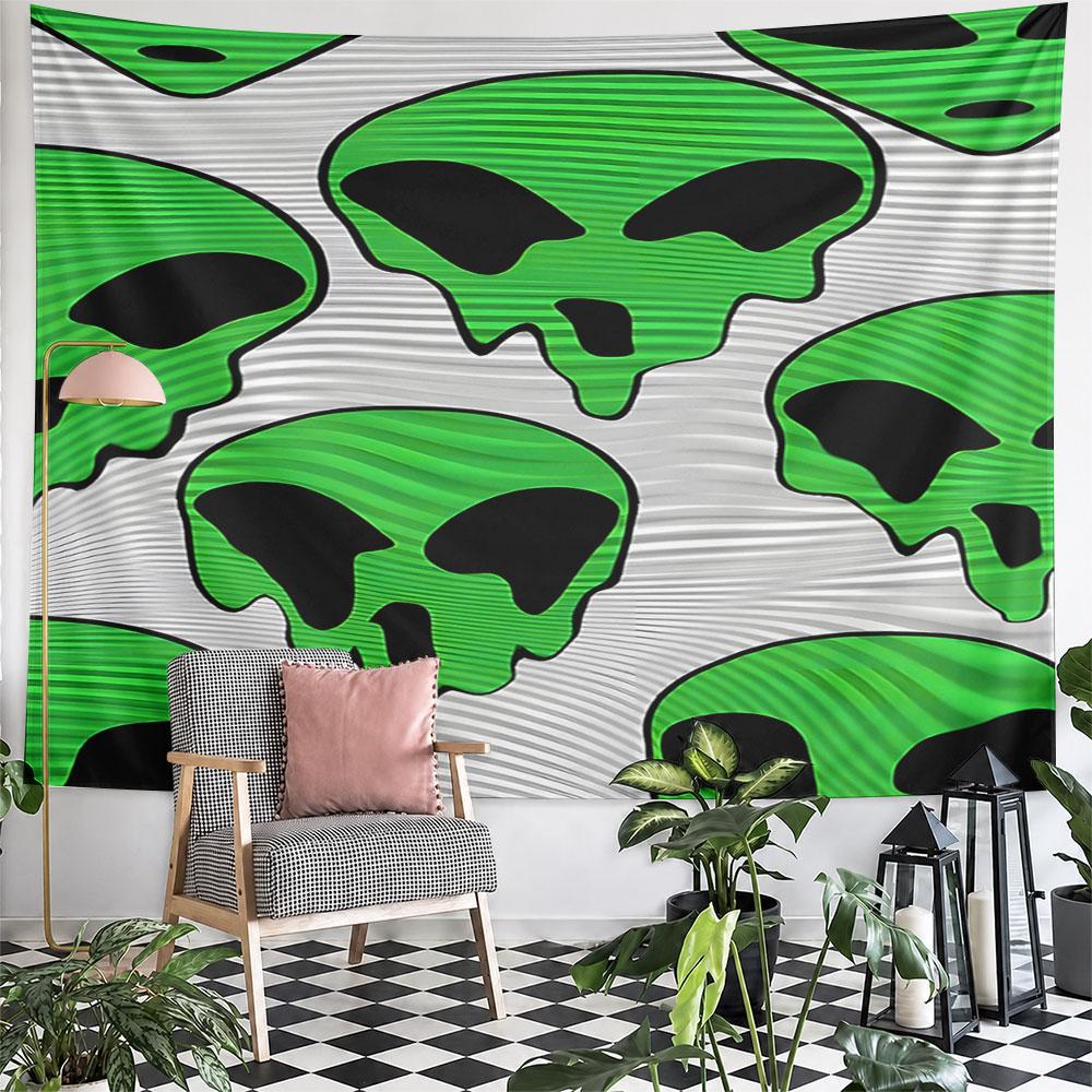 "Green Alien Skull Pattern on Striped Background" Pattern Wall Hanging Tapestry Decorative Tapestry Home Decor for Bedroom and Living Room