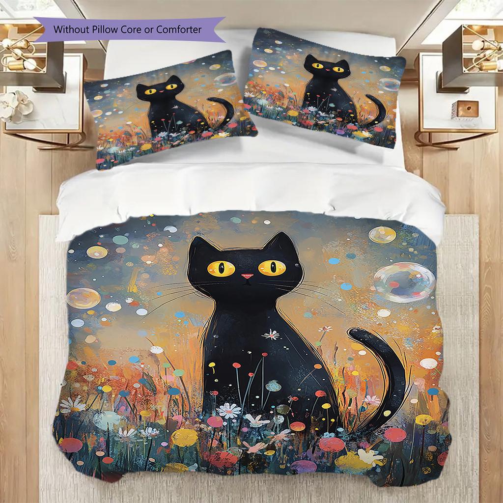 Black Cat Pattern Bedding Quilt Set Quilt Cover Pillowcase Home Decoration Birthday Gift (1 * Duvet Cover + 2 * Pillowcase, Without Core)