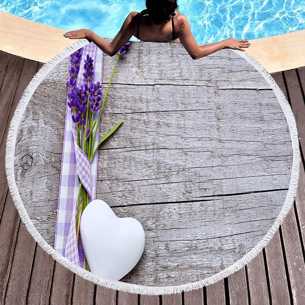 Purple Flower Lavender Round Beach Towel, Microfiber Beach Blanket Absorbent Quick Dry Swim Pool Bath Circle Towel with Tassels
