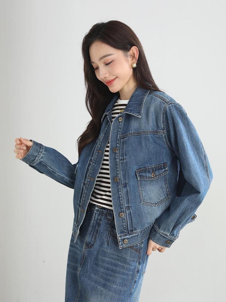 Heavyweight Distressed Blue Denim Women's Wear-Resistant Anti-Wrinkle Multi-Pocket Casual Jacket