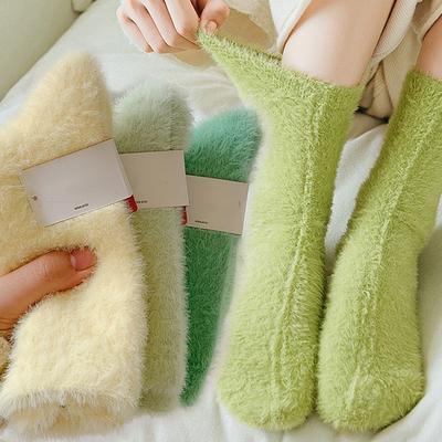 Solide Gemütliche Nerz Samt Socken Damen Herbst Winter Strumpfwaren Verdicken Warm Schlaf Bett Boden Zuhause Flauschige Socke Einfarbige Lässige Kawaii