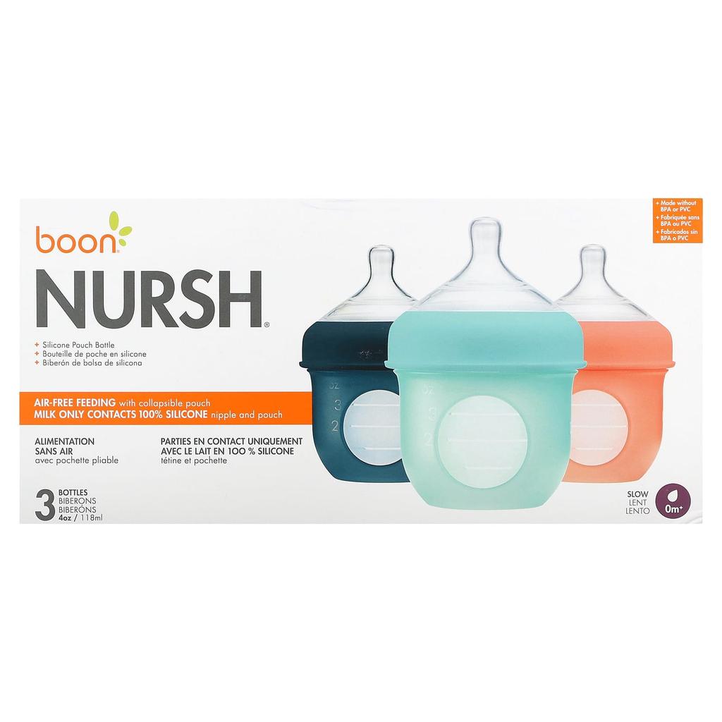 Boon Nursh, Silicone Baby Bottle Pouch, 0m+, Slow Speed, 3 Bottles, 118ml (4oz) Each