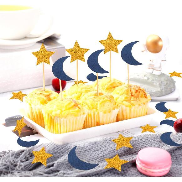 Navy-Blue Moon Gold Star Confetti - 300pcs Glitter Twinkle Little Star Table Confetti Eid Ramadan Mubarak Decoration Birthday Wedding Baby Shower