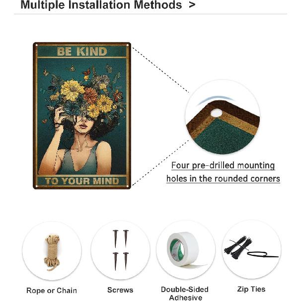ALKB Vintage Metal Sign Be Kind to Your Mind Poster Gift for Women Office Bedroom Wall Decor 8x12 Inch