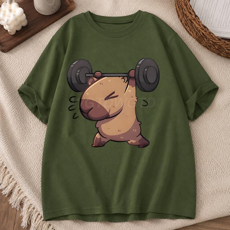 Capybara Print Unisexs Tshirt Round Neck Short Sleeves Hiphop Top Funny Capybara Lifting Print Tshirts Gym Lover Streetwear Tops