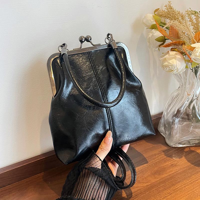 Large Capacity Retro Frosted Handbag Kiss Lock Short Handle Leather Crossbody Bag Clip Closure PU Clutch Shoulder Bag