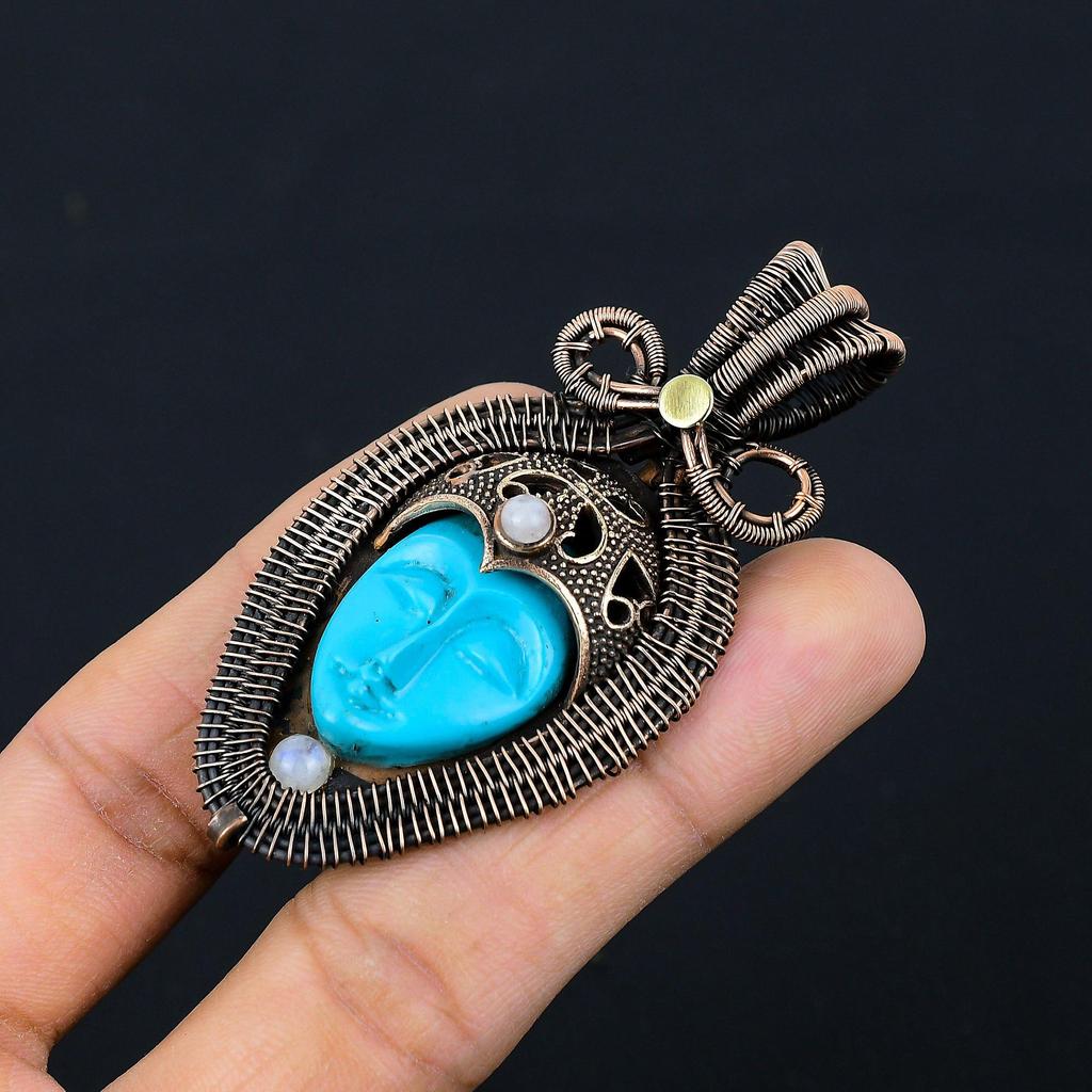 Geschnitzter Knochen-Gesichts-Edelstein, reiner Kupferdraht, umwickelt, handgefertigter Designer-Anhänger, Schmuck, Geschenk für Sie